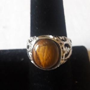 925 Sterling Silver Natural Tiger Eye Ring S 10.7